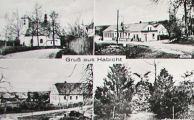 Jestřabí, pohlednice asi z roku 1930. Zleva nahoře kostel, škola, hostinec, památník padlým v první světové válce. Archiv Jindřicha Machaly.