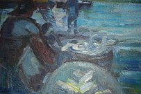 Vlastimil Martinák – Výlov rybníka, detail (olej). Obraz se nachází na Městském úřadě Studénka.